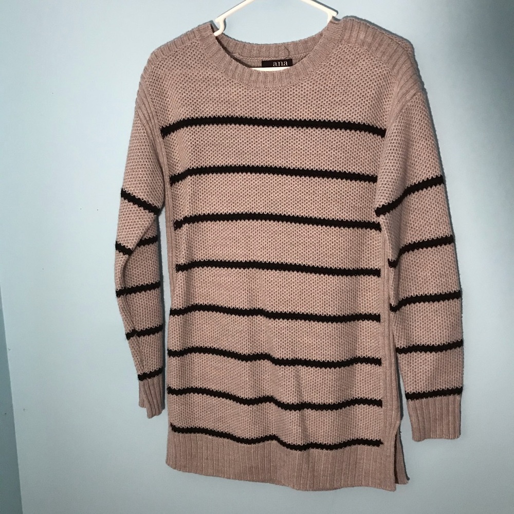 A black and grey striped sweater